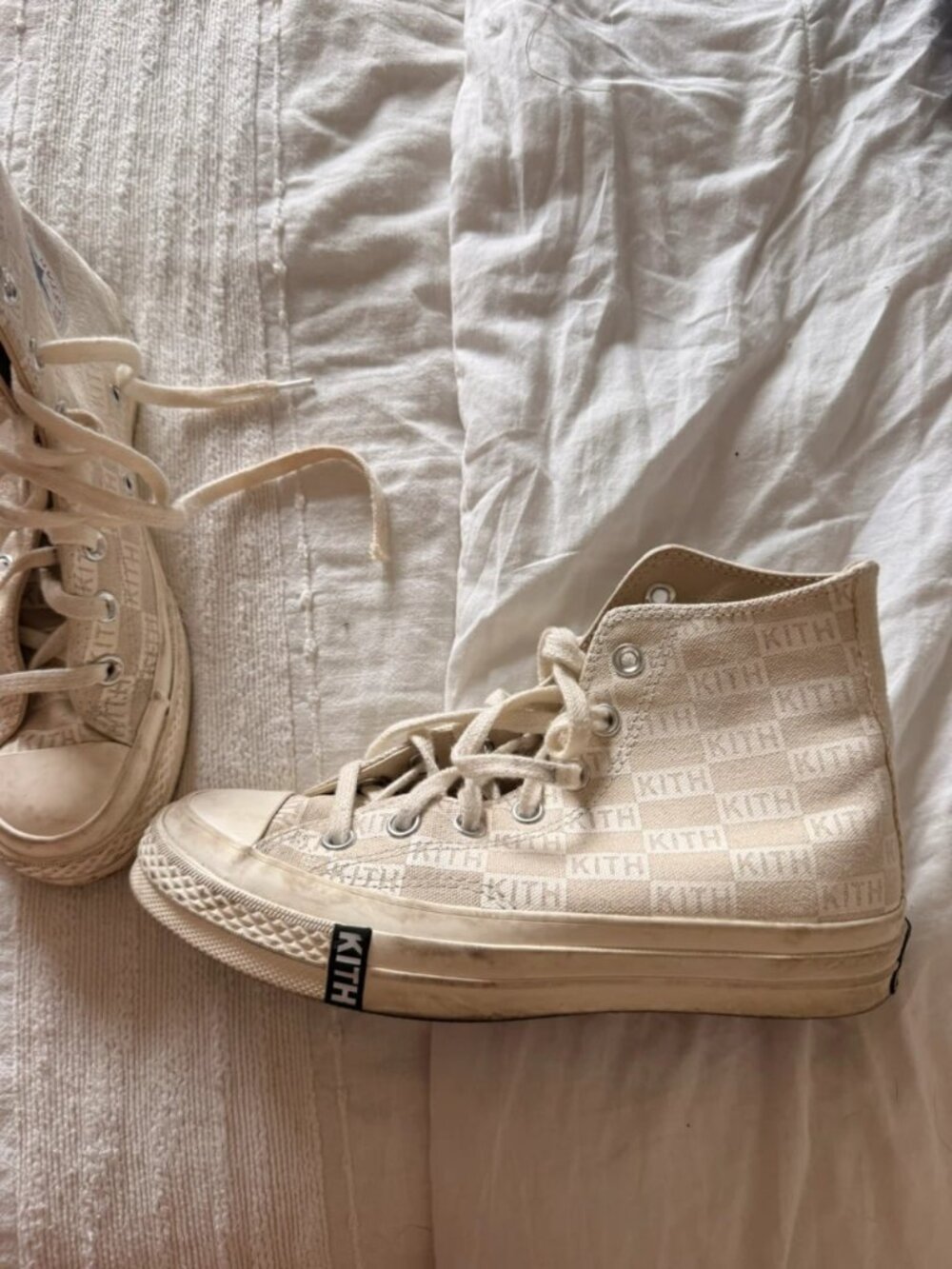 Cream Monogram Print High-Top Canvas Sneakers, Women’s Size 6.5